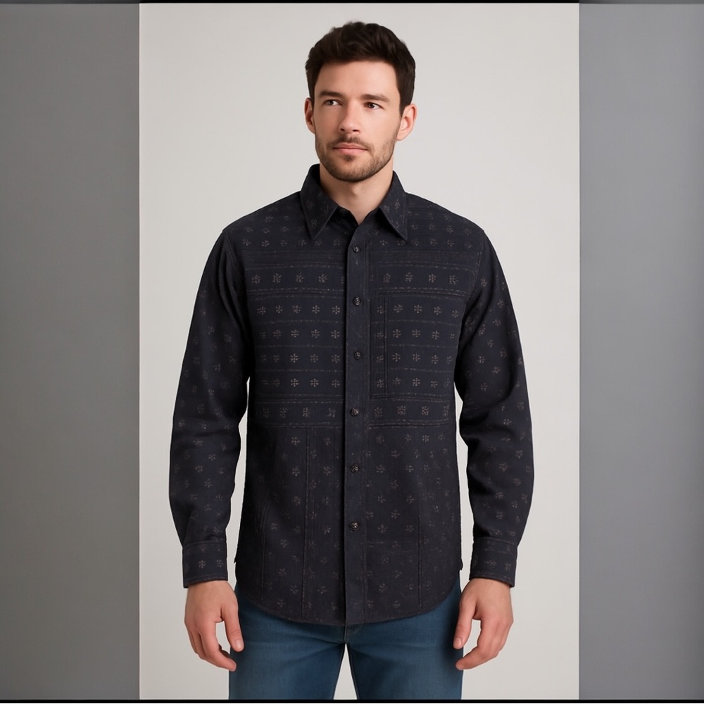 Fender Men’s Black Gray Patterned embroidery button-down men’s rocker shirt L